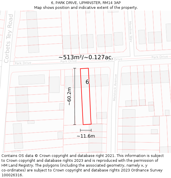 6, PARK DRIVE, UPMINSTER, RM14 3AP: Plot and title map