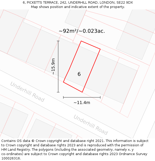 6, PICKETTS TERRACE, 242, UNDERHILL ROAD, LONDON, SE22 9DX: Plot and title map