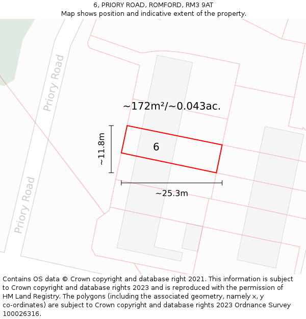 6, PRIORY ROAD, ROMFORD, RM3 9AT: Plot and title map