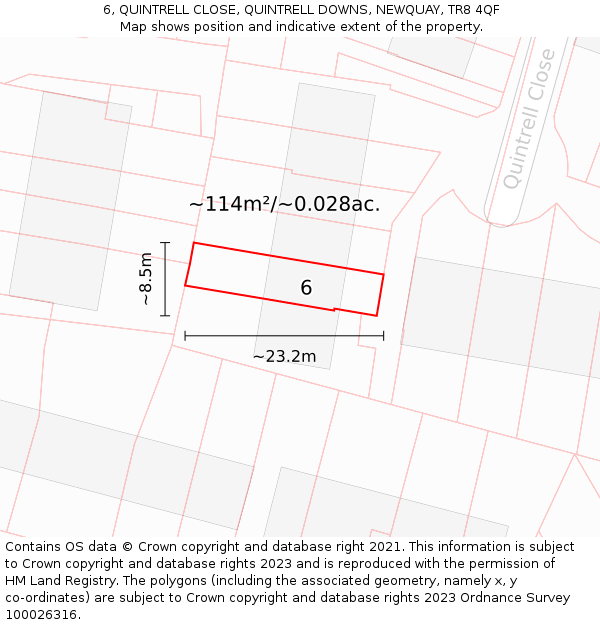 6, QUINTRELL CLOSE, QUINTRELL DOWNS, NEWQUAY, TR8 4QF: Plot and title map