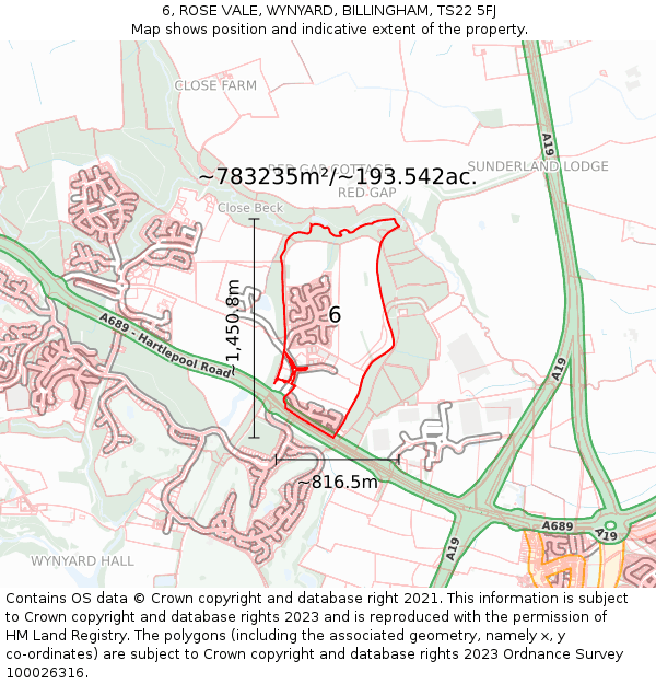 6, ROSE VALE, WYNYARD, BILLINGHAM, TS22 5FJ: Plot and title map
