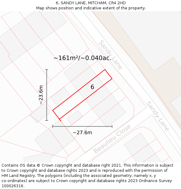 6, SANDY LANE, MITCHAM, CR4 2HD: Plot and title map