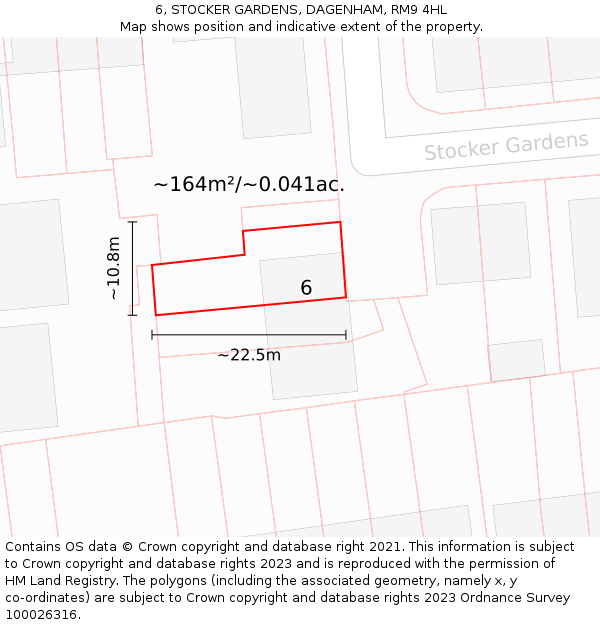 6, STOCKER GARDENS, DAGENHAM, RM9 4HL: Plot and title map