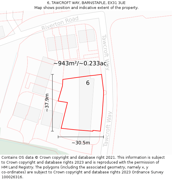 6, TAWCROFT WAY, BARNSTAPLE, EX31 3UE: Plot and title map