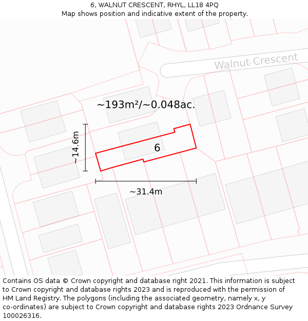 6, WALNUT CRESCENT, RHYL, LL18 4PQ: Plot and title map