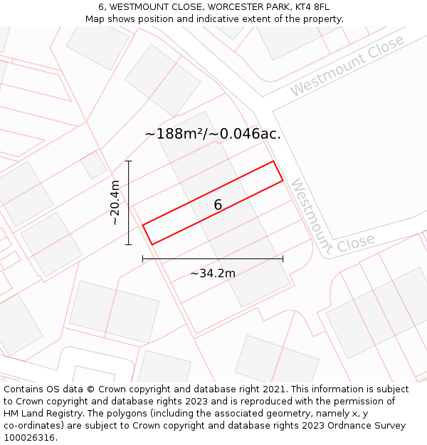 6, WESTMOUNT CLOSE, WORCESTER PARK, KT4 8FL: Plot and title map