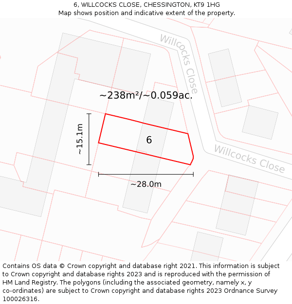 6, WILLCOCKS CLOSE, CHESSINGTON, KT9 1HG: Plot and title map