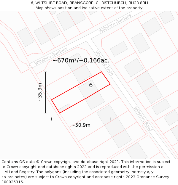 6, WILTSHIRE ROAD, BRANSGORE, CHRISTCHURCH, BH23 8BH: Plot and title map
