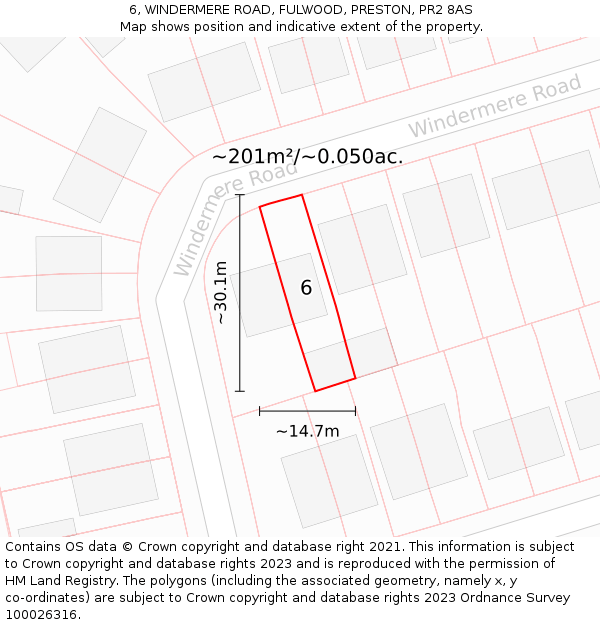 6, WINDERMERE ROAD, FULWOOD, PRESTON, PR2 8AS: Plot and title map