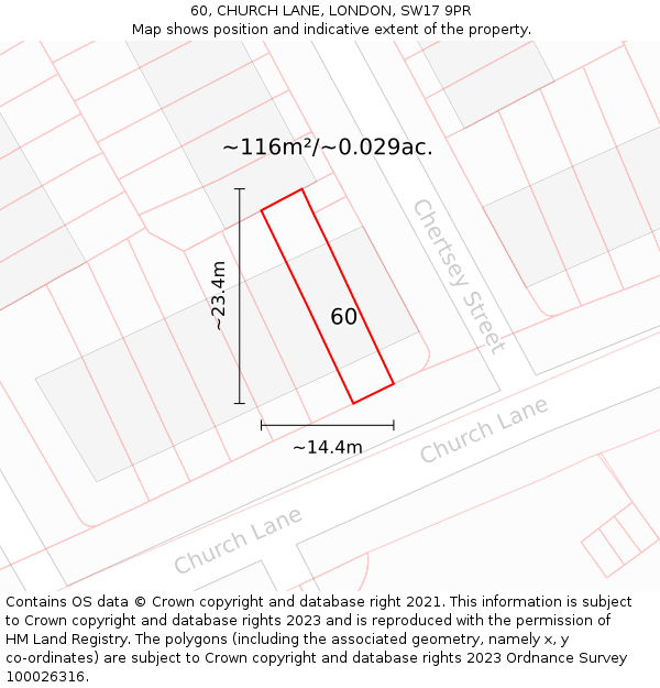 60, CHURCH LANE, LONDON, SW17 9PR: Plot and title map