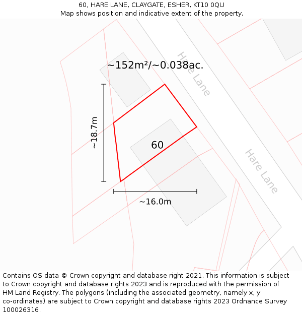 60, HARE LANE, CLAYGATE, ESHER, KT10 0QU: Plot and title map