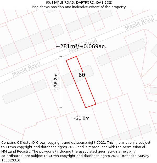 60, MAPLE ROAD, DARTFORD, DA1 2QZ: Plot and title map