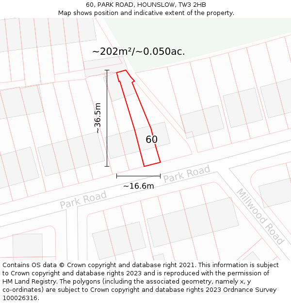 60, PARK ROAD, HOUNSLOW, TW3 2HB: Plot and title map