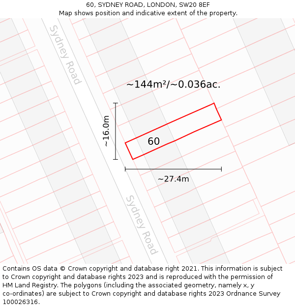 60, SYDNEY ROAD, LONDON, SW20 8EF: Plot and title map