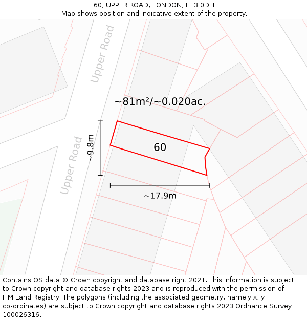 60, UPPER ROAD, LONDON, E13 0DH: Plot and title map