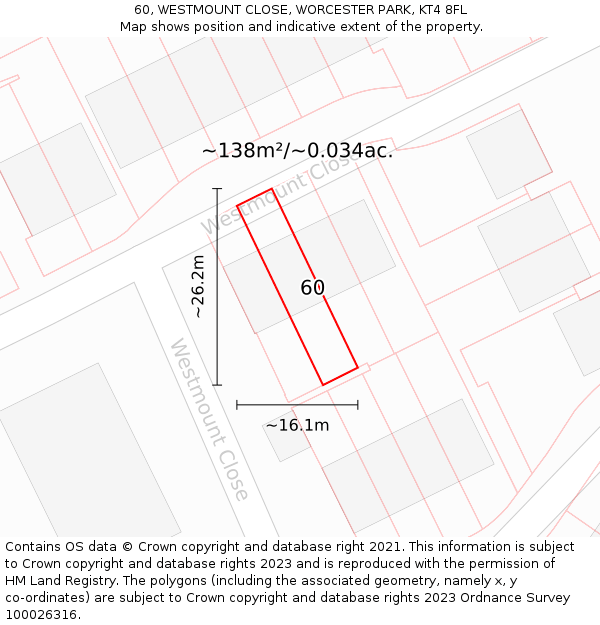 60, WESTMOUNT CLOSE, WORCESTER PARK, KT4 8FL: Plot and title map