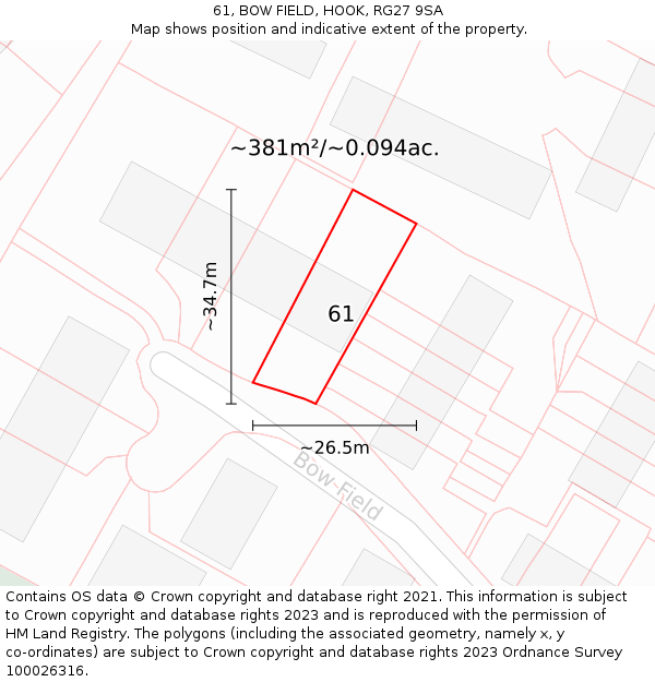 61, BOW FIELD, HOOK, RG27 9SA: Plot and title map