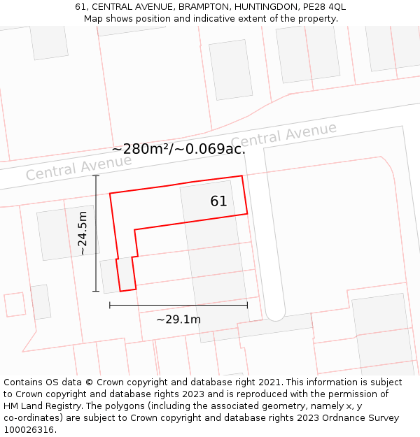61, CENTRAL AVENUE, BRAMPTON, HUNTINGDON, PE28 4QL: Plot and title map