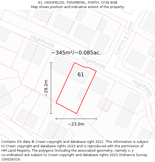 61, HIGHFIELDS, TONYREFAIL, PORTH, CF39 8GB: Plot and title map
