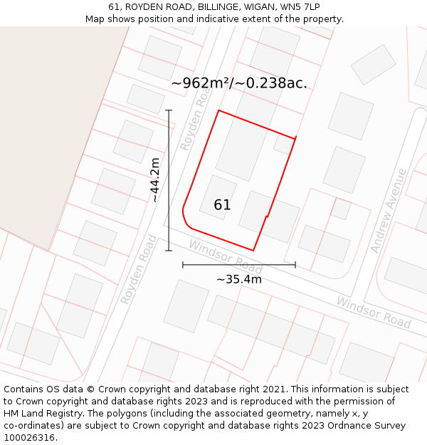 61, ROYDEN ROAD, BILLINGE, WIGAN, WN5 7LP: Plot and title map