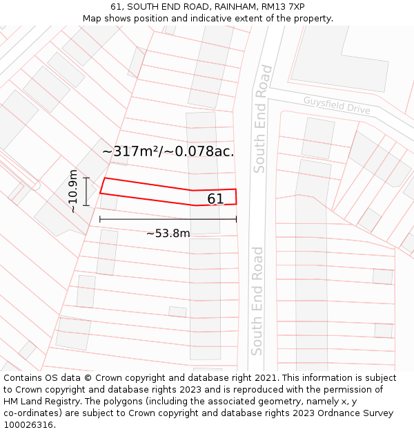 61, SOUTH END ROAD, RAINHAM, RM13 7XP: Plot and title map
