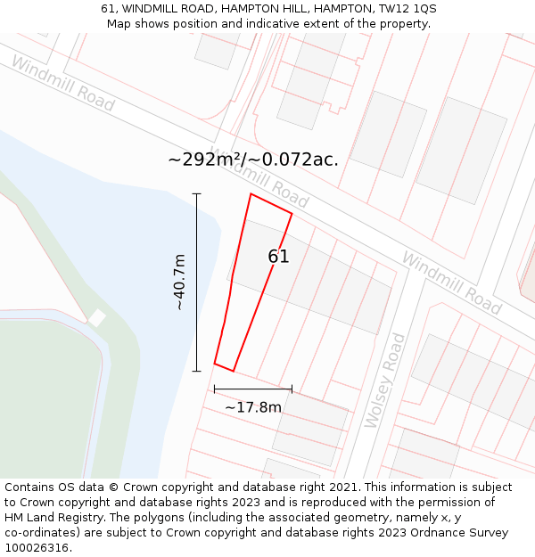 61, WINDMILL ROAD, HAMPTON HILL, HAMPTON, TW12 1QS: Plot and title map