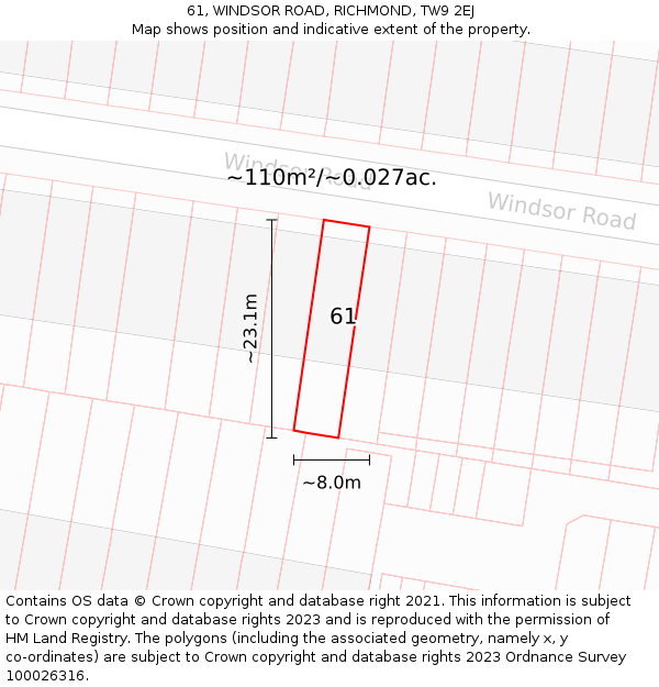 61, WINDSOR ROAD, RICHMOND, TW9 2EJ: Plot and title map