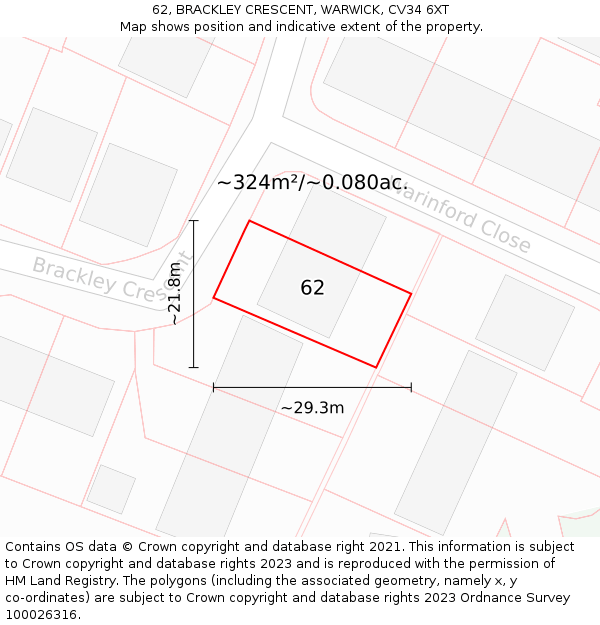 62, BRACKLEY CRESCENT, WARWICK, CV34 6XT: Plot and title map