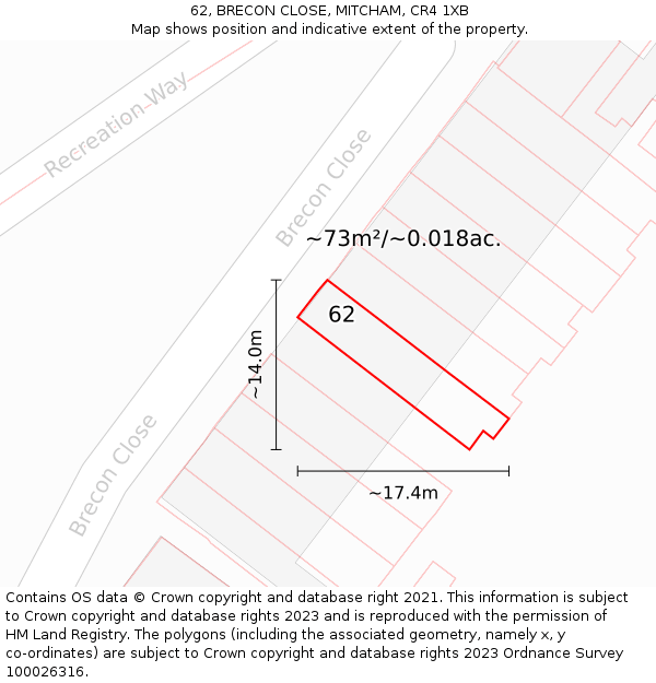 62, BRECON CLOSE, MITCHAM, CR4 1XB: Plot and title map