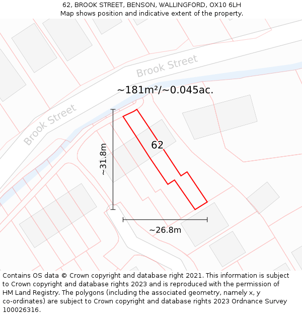 62, BROOK STREET, BENSON, WALLINGFORD, OX10 6LH: Plot and title map