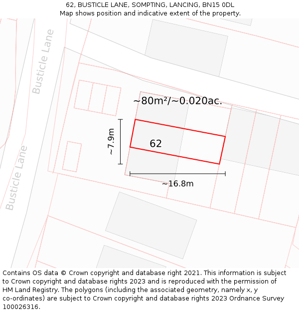 62, BUSTICLE LANE, SOMPTING, LANCING, BN15 0DL: Plot and title map