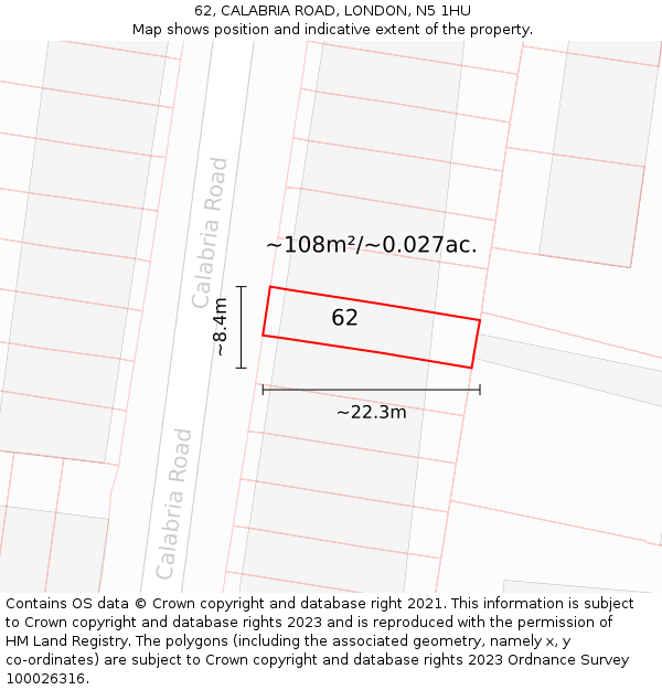 62, CALABRIA ROAD, LONDON, N5 1HU: Plot and title map