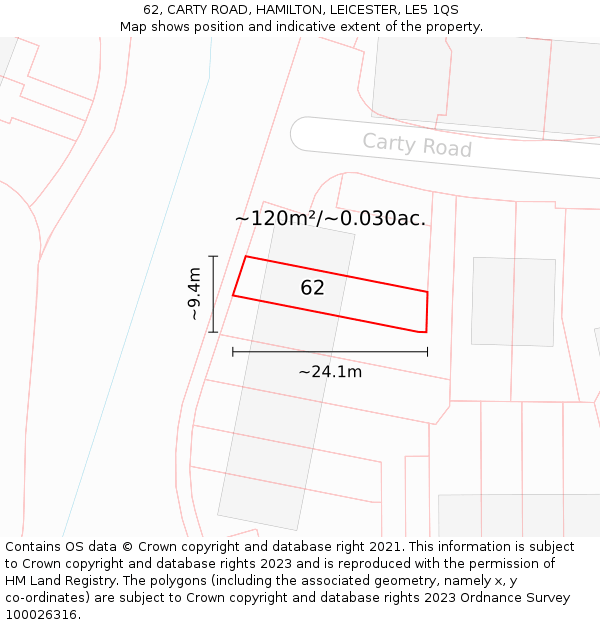 62, CARTY ROAD, HAMILTON, LEICESTER, LE5 1QS: Plot and title map