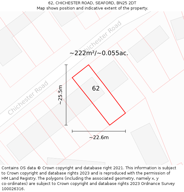 62, CHICHESTER ROAD, SEAFORD, BN25 2DT: Plot and title map