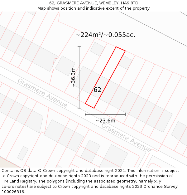 62, GRASMERE AVENUE, WEMBLEY, HA9 8TD: Plot and title map