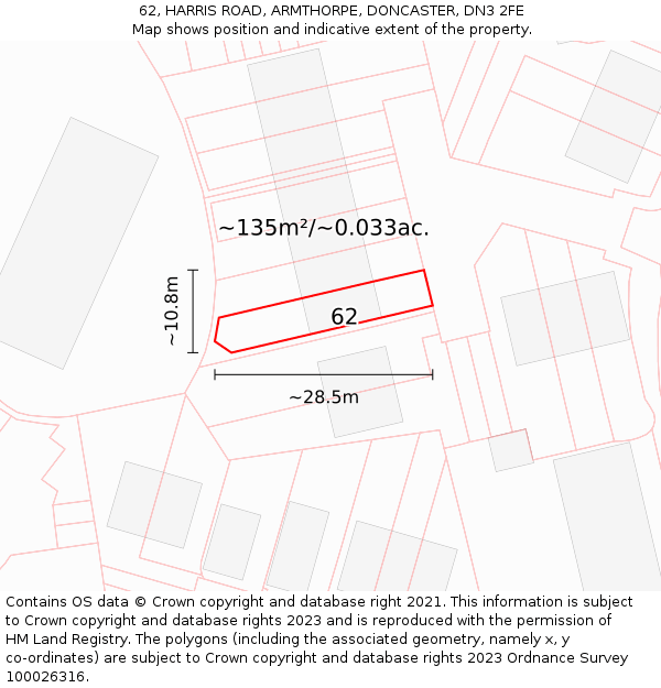 62, HARRIS ROAD, ARMTHORPE, DONCASTER, DN3 2FE: Plot and title map