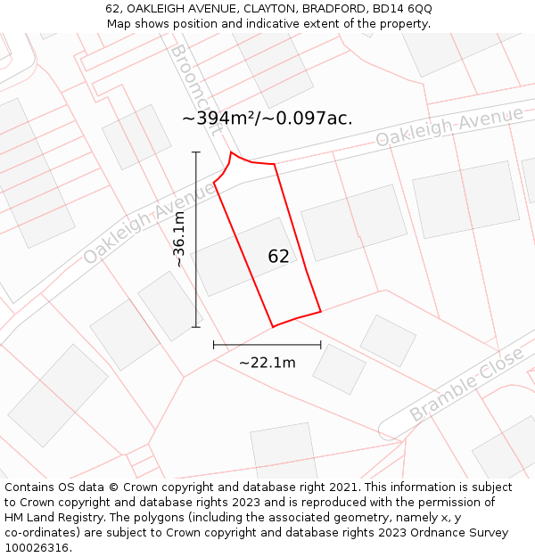 62, OAKLEIGH AVENUE, CLAYTON, BRADFORD, BD14 6QQ: Plot and title map