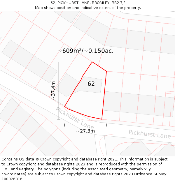 62, PICKHURST LANE, BROMLEY, BR2 7JF: Plot and title map