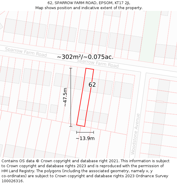 62, SPARROW FARM ROAD, EPSOM, KT17 2JL: Plot and title map