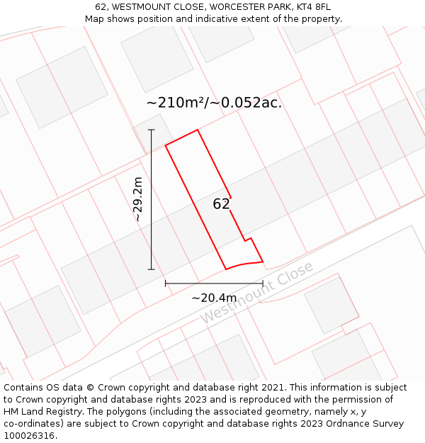 62, WESTMOUNT CLOSE, WORCESTER PARK, KT4 8FL: Plot and title map