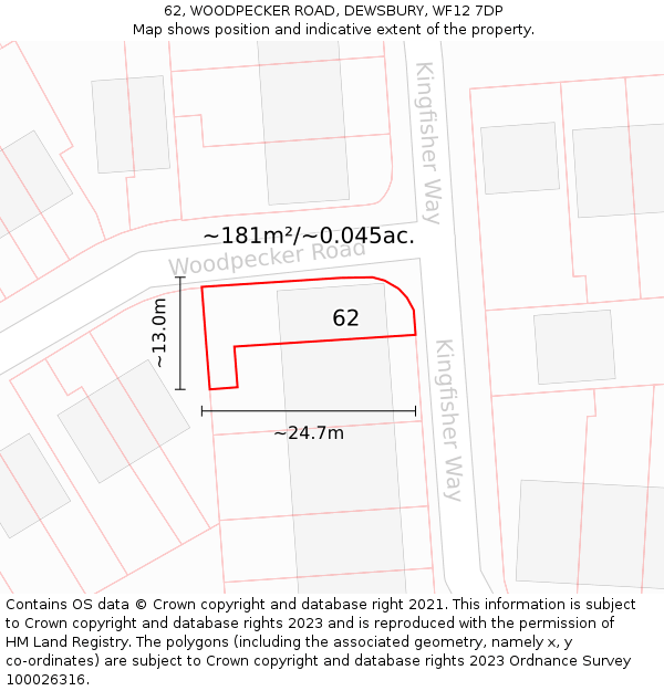 62, WOODPECKER ROAD, DEWSBURY, WF12 7DP: Plot and title map