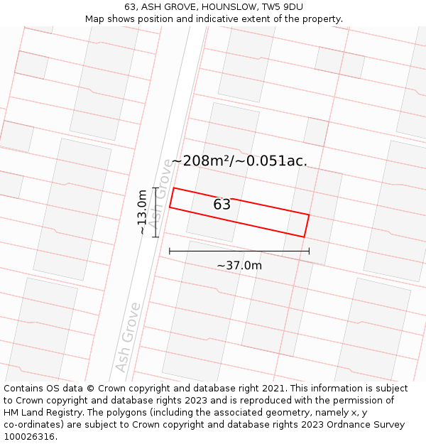 63, ASH GROVE, HOUNSLOW, TW5 9DU: Plot and title map