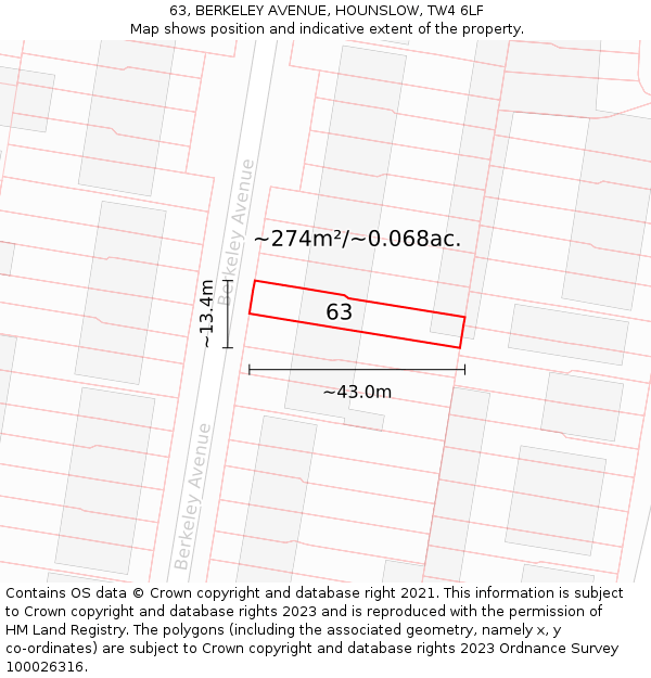 63, BERKELEY AVENUE, HOUNSLOW, TW4 6LF: Plot and title map