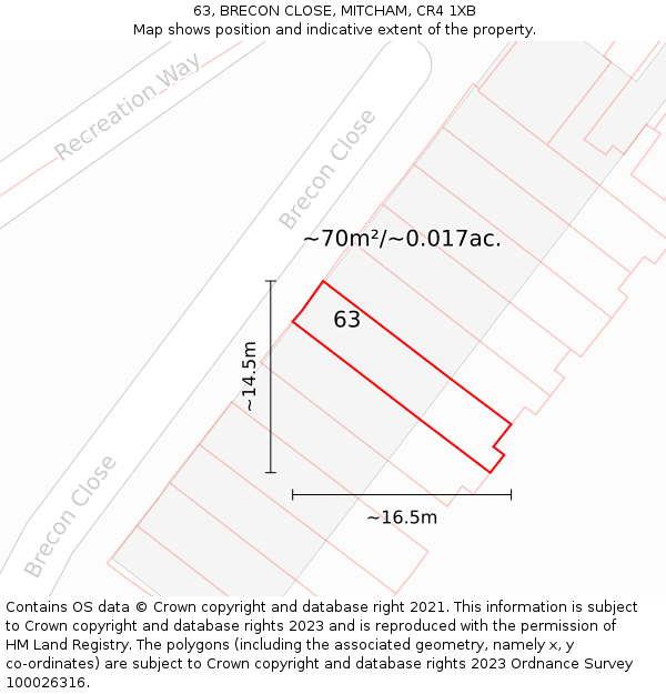 63, BRECON CLOSE, MITCHAM, CR4 1XB: Plot and title map