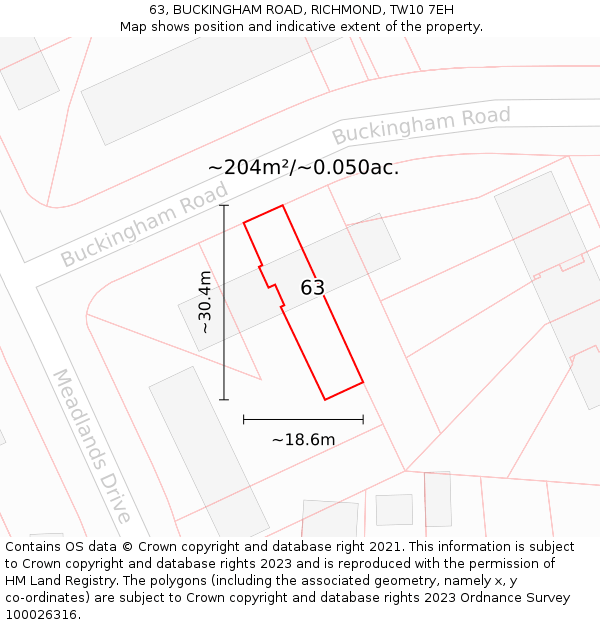 63, BUCKINGHAM ROAD, RICHMOND, TW10 7EH: Plot and title map