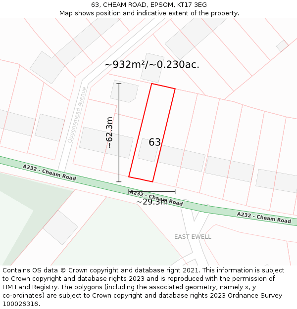 63, CHEAM ROAD, EPSOM, KT17 3EG: Plot and title map