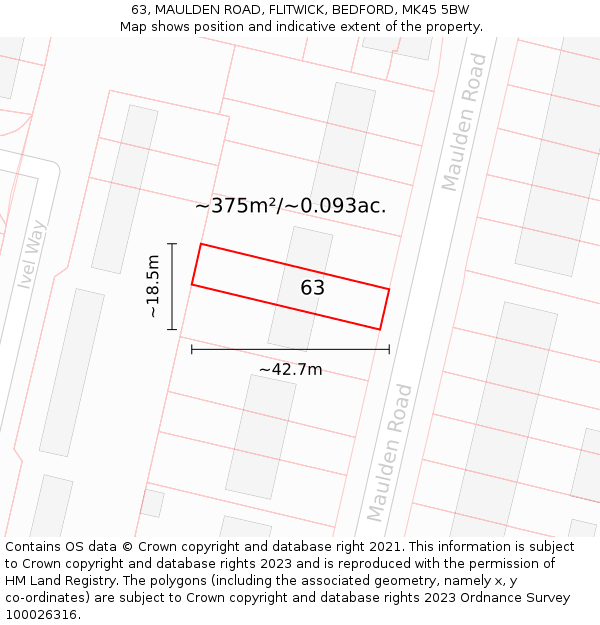 63, MAULDEN ROAD, FLITWICK, BEDFORD, MK45 5BW: Plot and title map