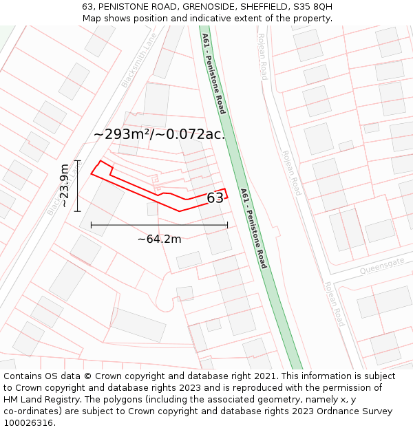 63, PENISTONE ROAD, GRENOSIDE, SHEFFIELD, S35 8QH: Plot and title map