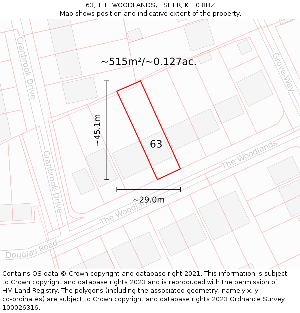 63, THE WOODLANDS, ESHER, KT10 8BZ: Plot and title map
