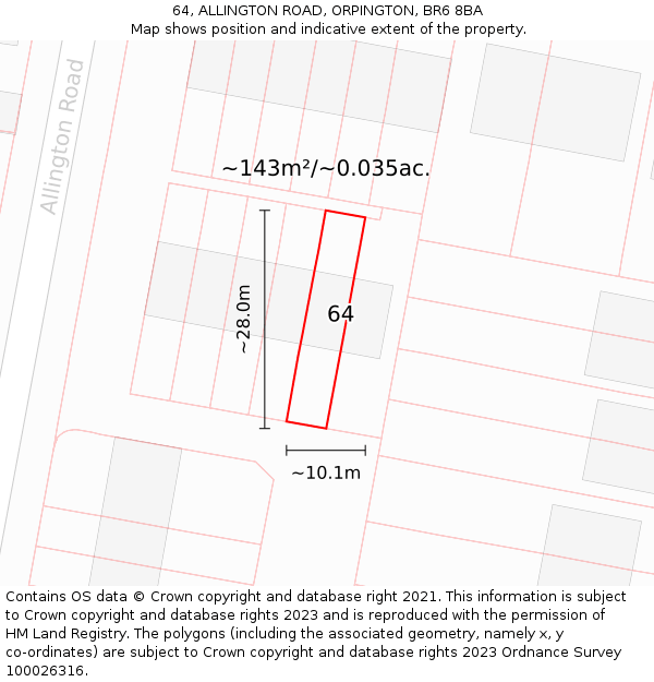 64, ALLINGTON ROAD, ORPINGTON, BR6 8BA: Plot and title map